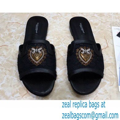 Dolce & Gabbana Lace Sliders Black with Devotion Heart 2021